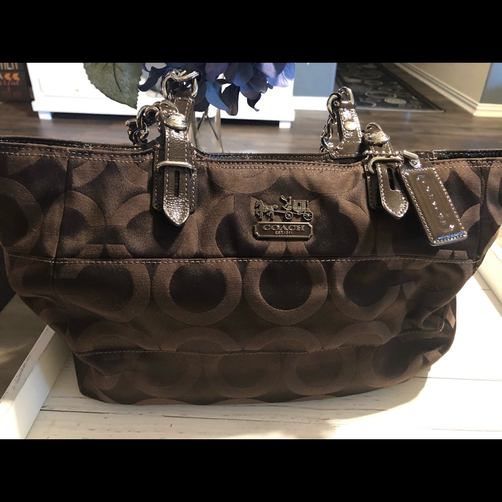 Brown satin Coach tote
